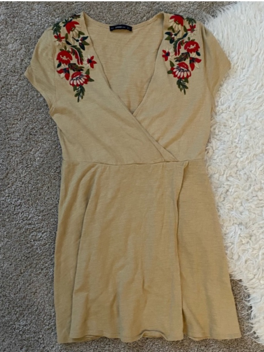 Zara Beige Embroidered Wrap Mini Dress
